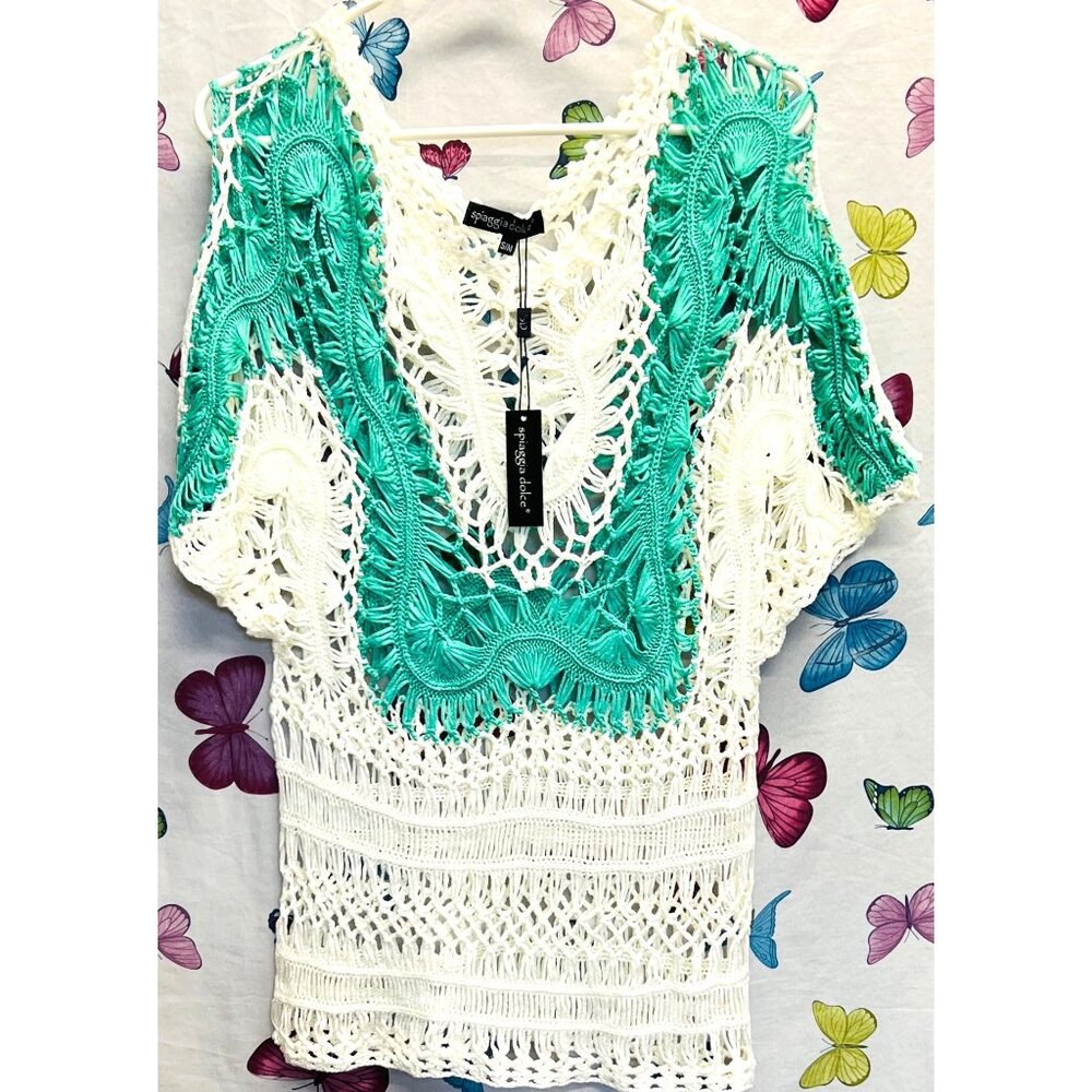 NWT Crochet Lace Top Small/ Medium Spiaggia Dolce White Green Cotton/Acrylic